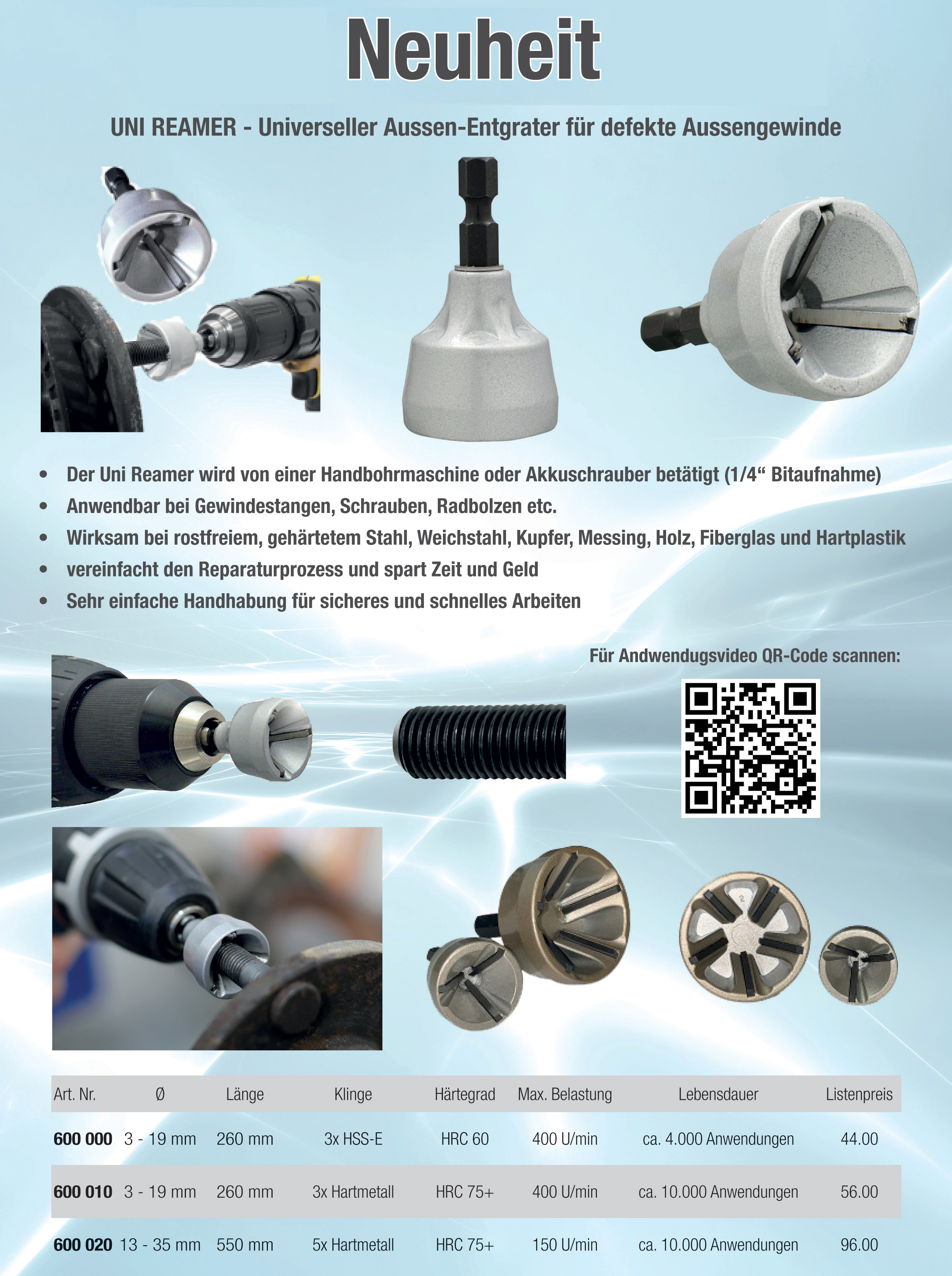 Aussen-Entgrater HM Uni-Reamer für defekte Aussengewinde