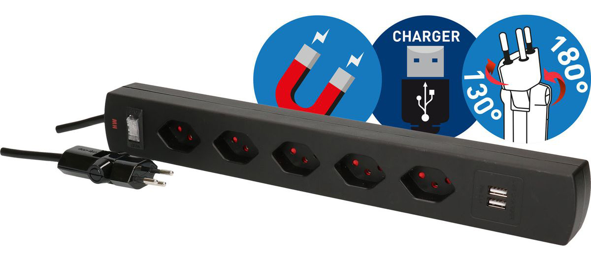 Steckdosenleiste Safety, 5 x T13 quer, 2 x USB-Charger